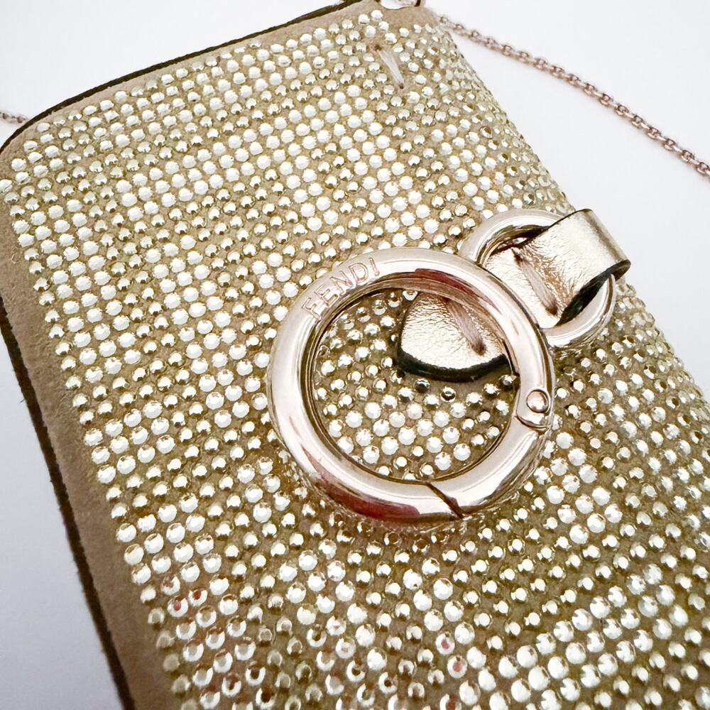 Fendi Crystal Vitello Laminato FF Nano Maxi Buckle Baguette Charm Light Gold - Picture 11 of 16